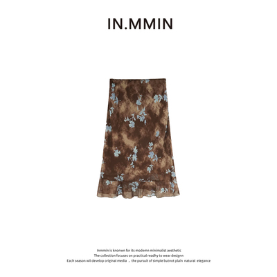 INMMIN氛围感晕染可可海盐花卉印花荷叶边半裙