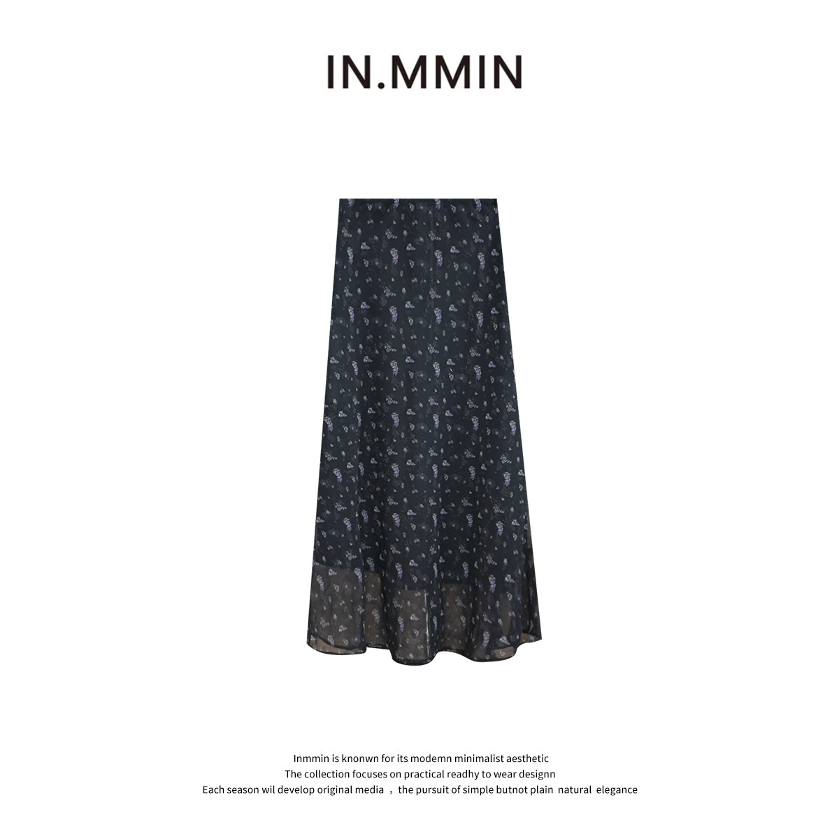 INMMIN 韩系包容感黑底紫藤碎花斜裁松紧腰半裙