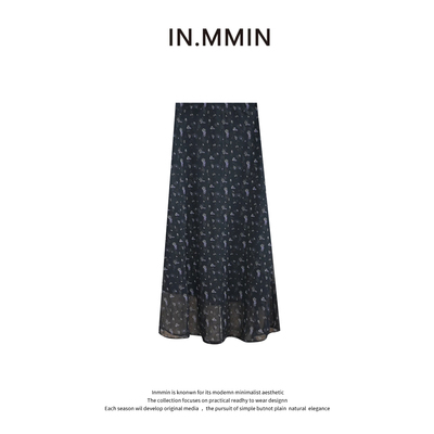 INMMIN 韩系包容感黑底紫藤碎花斜裁松紧腰半裙
