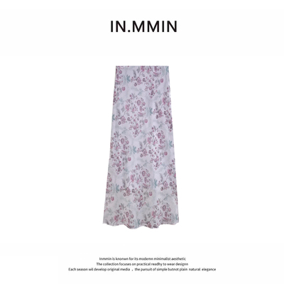 IN.MMIN  夏款复古花卉印花设计感显瘦中长款A字裙-bq5202