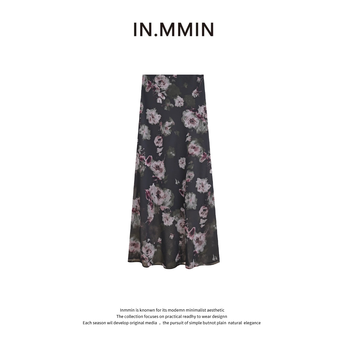 INMMIN夏季斜裁玫瑰花复古晕染印花半身裙