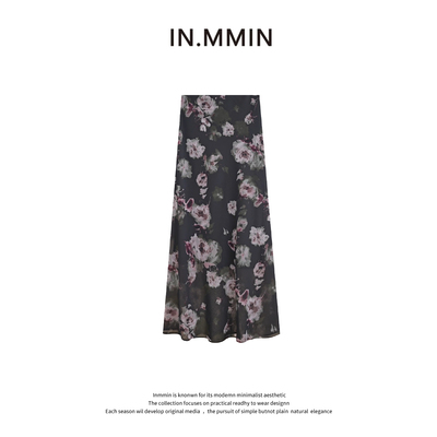 INMMIN夏季斜裁玫瑰花复古晕染印花半身裙