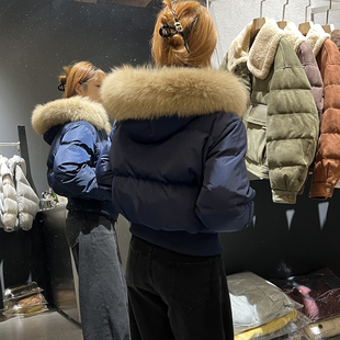 冬季韩系真毛领连帽90绒白鸭绒肯豆短款羽绒服女装外套收腰显瘦潮