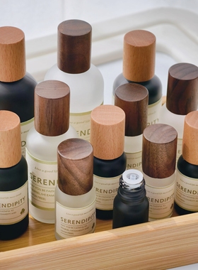 避光磨砂黑色精油瓶10ml-100ml密封内塞瓶高档木盖旋盖精油分装瓶