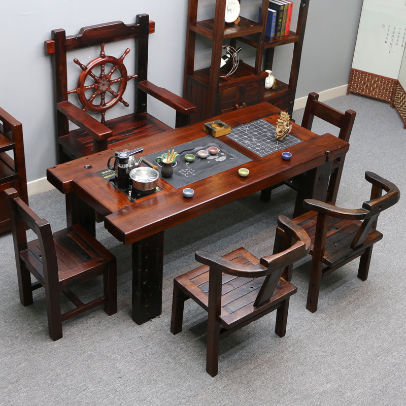 全老料船木茶桌椅组合实木家用茶几一桌五椅茶台办公室一体泡茶桌