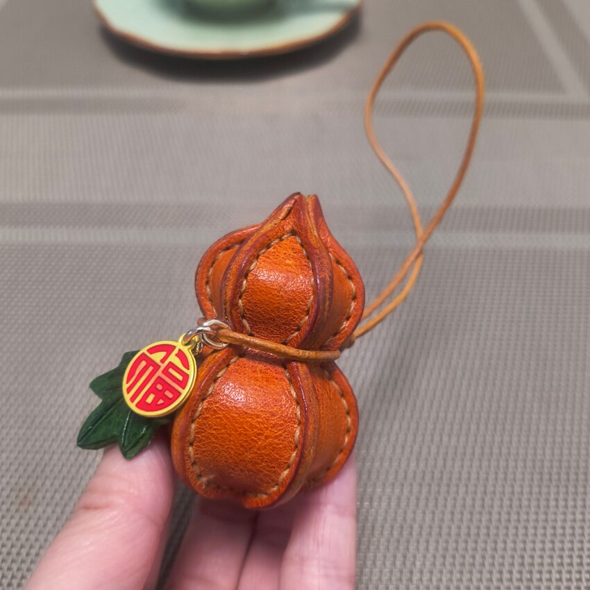 头层牛皮葫芦福字包挂件棕色手工缝制福禄双全车挂饰背包配饰