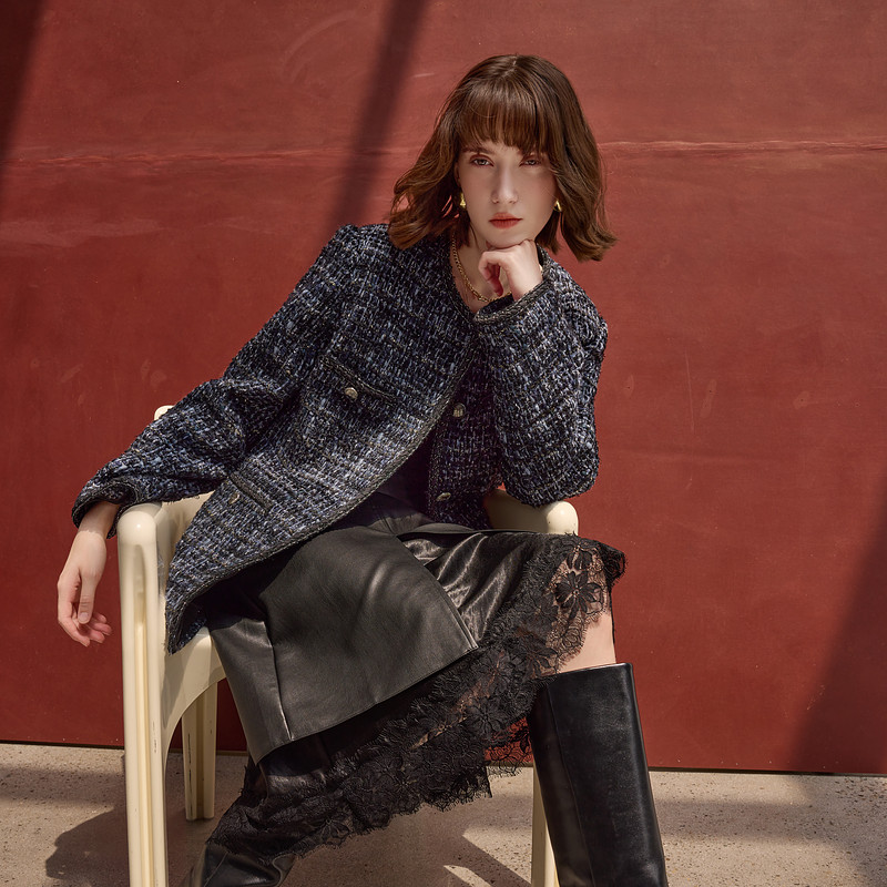 三彩2024冬新款静奢香风毛呢外套高定粗花呢棉大衣中长宽松优雅女