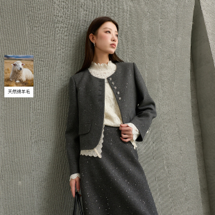 若潮大码女装2025冬季新款烫钻羊毛呢大衣外套花边短款胖MM