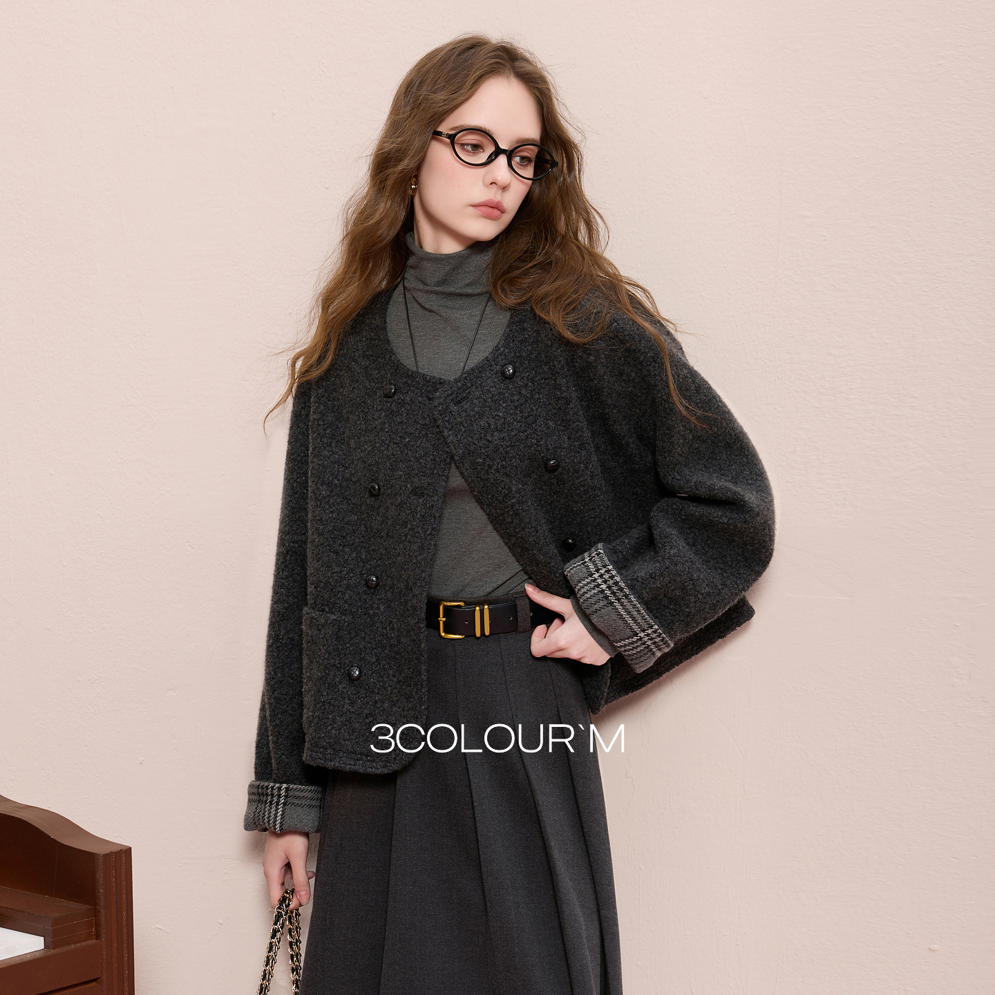 【绵羊毛】三彩2025冬季新款香风呢大衣短款拼接单面呢外套M