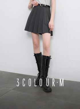 三彩2025秋季新款miu系灰色收腰百褶裙半身裙A字短裙小个子M