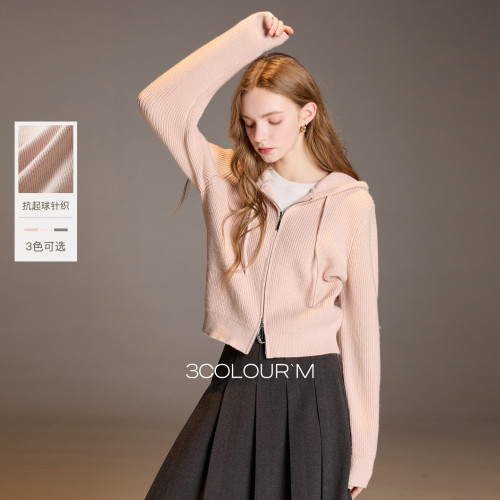 三彩2025秋季新款纯色连帽毛衣拉链针织衫短款开衫休闲外套女正品
