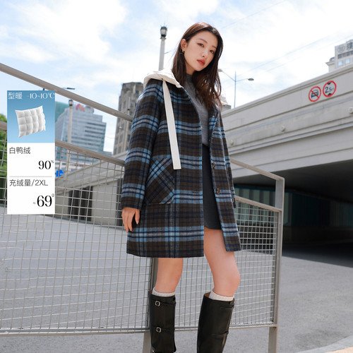 若潮大码女装2025冬季新款90鸭羽绒服呢外套假两件羊毛胖MM