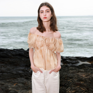 ibudu2025夏季新款法式方领泡泡袖雪纺衫印花荷叶边小衫女