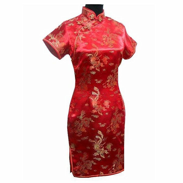 Big Size Chinese Mini Cheongsam Womens Satin Qipao Red Dress