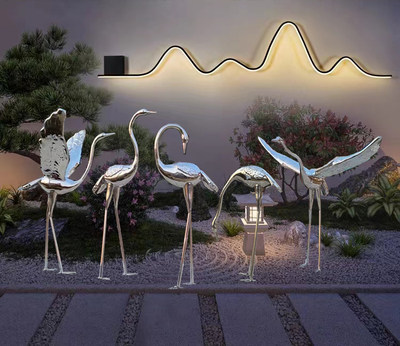 不锈钢仙鹤雕塑金属定制抽象公园林白鹭小品月亮镜面摆件庭院水池
