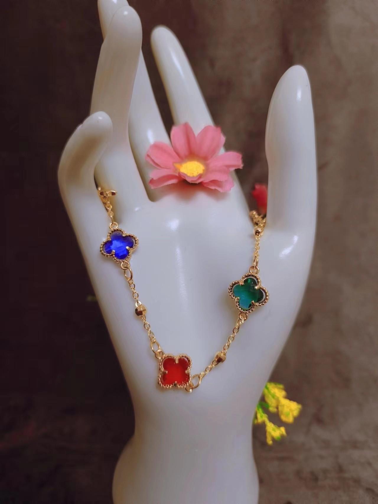 新款水晶正反面四叶草手链 财运好运幸福手脚链 轻奢小众饰品颈饰