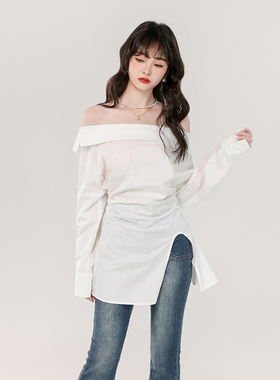 实拍2025秋季新韩版一字领气质白色衬衫女收腰开叉设计感长袖上衣