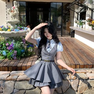 Blovelan知更晨灰學(xué)院風(fēng)泡泡袖 英倫風(fēng)連衣裙 收腰假兩件蓬蓬西裝