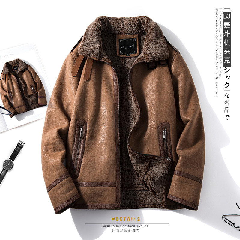 冬季大码男皮毛一体羊羔绒加绒加厚麂皮绒外套电商D318#F11-P245图片