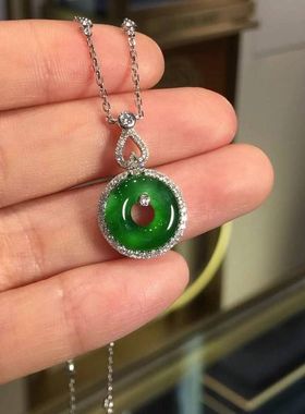 仿玉髓冰种仿祖母绿平安扣项链镶嵌仿钻石镀S925银高档气质女