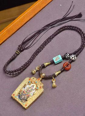 藏传文玩黑财神唐卡唐卡挂坠六臂大黑天文殊菩萨吊坠编织绳项链