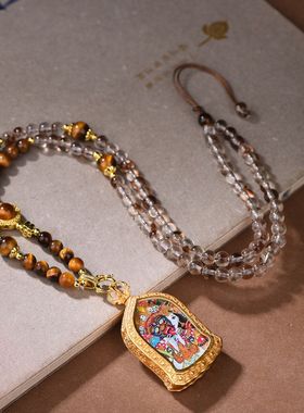 新中式白水晶虎眼石项链藏风女财神扎基拉姆唐卡吊坠绳女生饰品