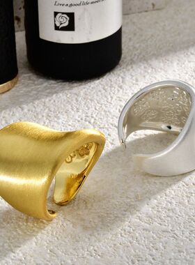 欧美跨境几何宽面不规则金银拉丝开口戒指个性冷淡风重工均码指环