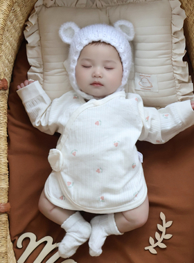 婴儿衣服春秋款宝宝护肚半背新生儿纯棉月子服长袖哈衣爬服系带