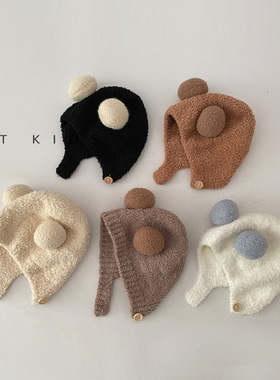 ins韩国洋气婴儿护耳帽秋冬季毛绒保暖小月龄宝宝撞色双球帽子冬
