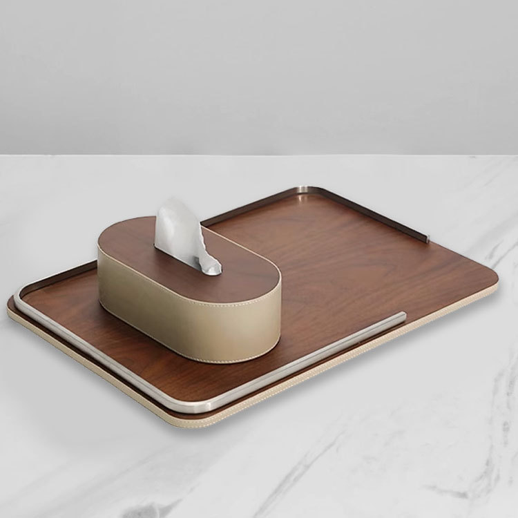 轻奢高档木质收纳盘装饰品样板间售楼处客厅胡桃木托盘纸巾盒摆件