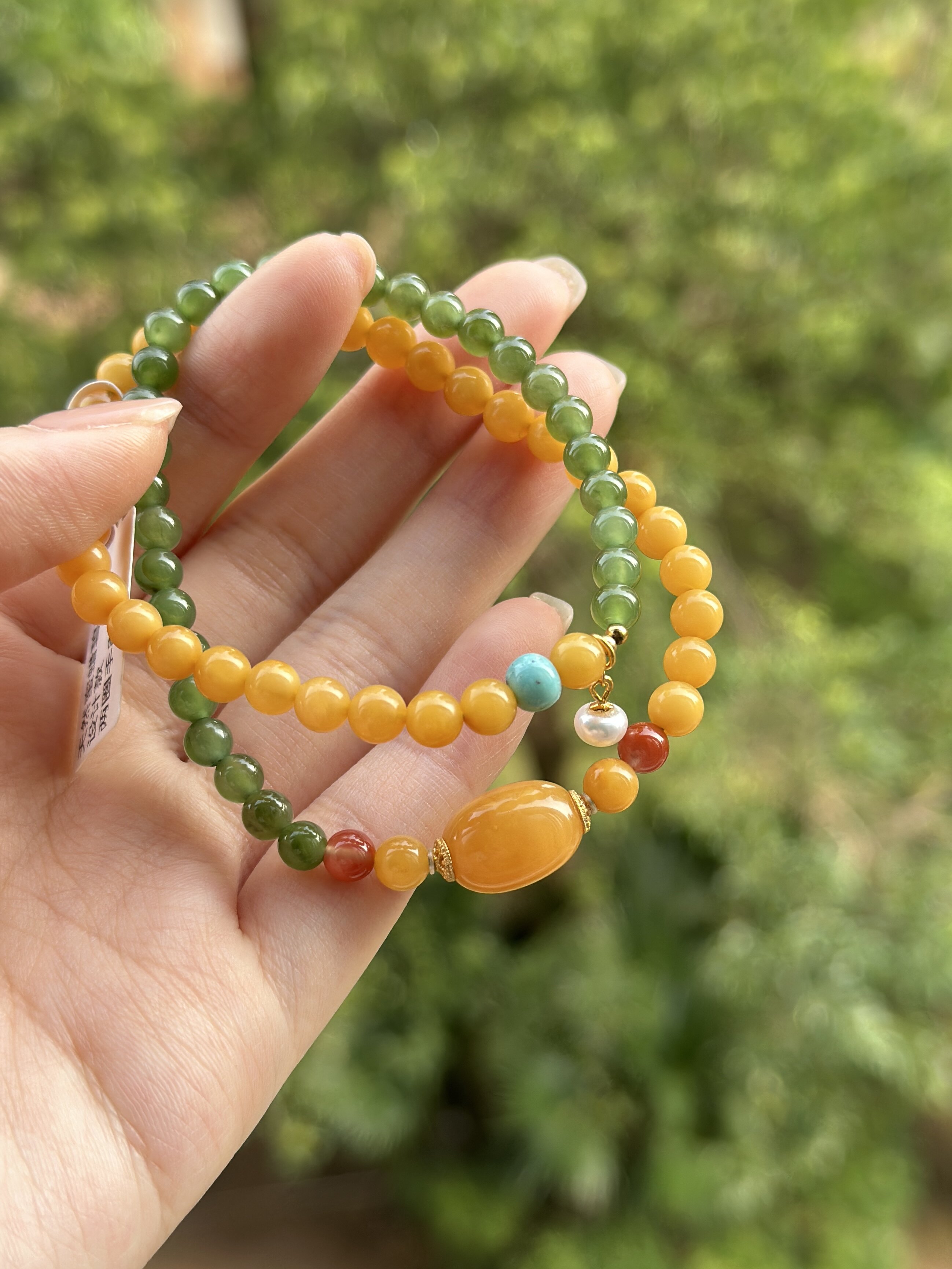 天然蜜蜡和田玉南红青金石双圈设计款手串 收藏级带鉴定证书