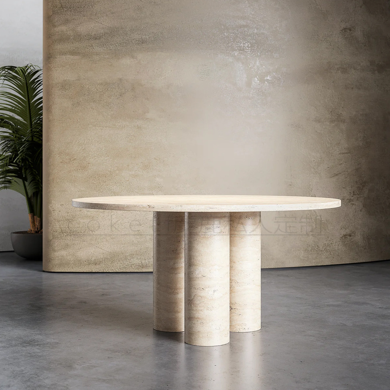 轻奢高级感2025新款圆形天然罗马洞石大理石餐桌设计师别墅大圆桌