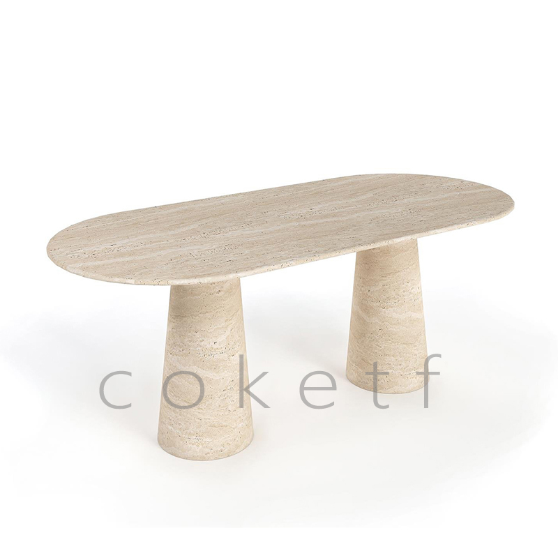 法式极简天然罗马洞石创意漏斗腿餐桌设计师家用长方形大理石桌子