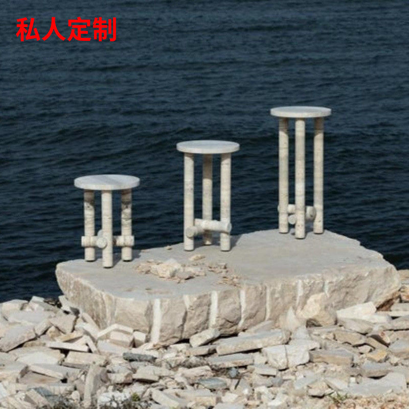侘寂风天然罗马洞石圆形沙发边几客厅简约边桌轻奢花几设计师角几