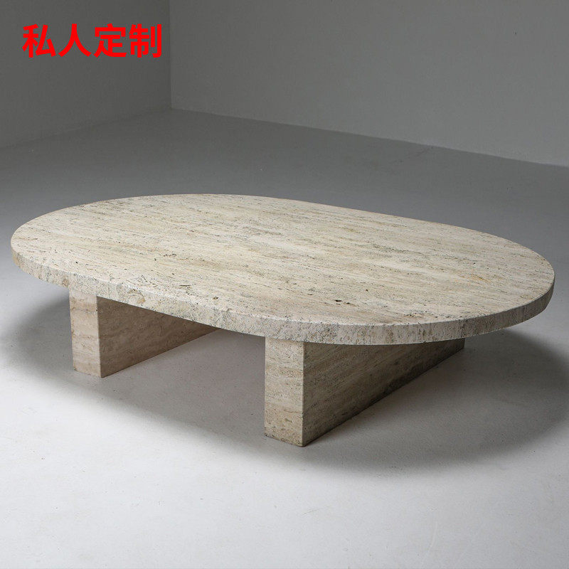北欧创意大理石茶几 极简侘寂风样板房设计师天然洞石椭圆形茶台