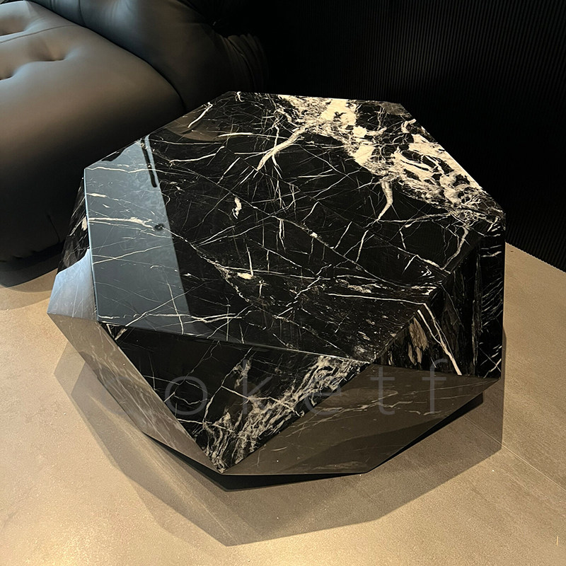 意式极简天然宝格丽黑大理石奢石六角形钻石茶几现代艺术设计师款