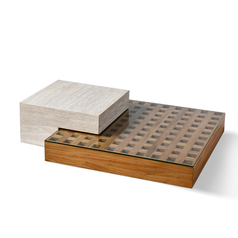 侘寂风极简天然罗马洞石创意客厅茶几设计师款长方形实木玻璃面板