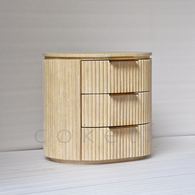 Byron法式设计师款意大利天然洞石大理石床头柜卧室3抽床边储物柜