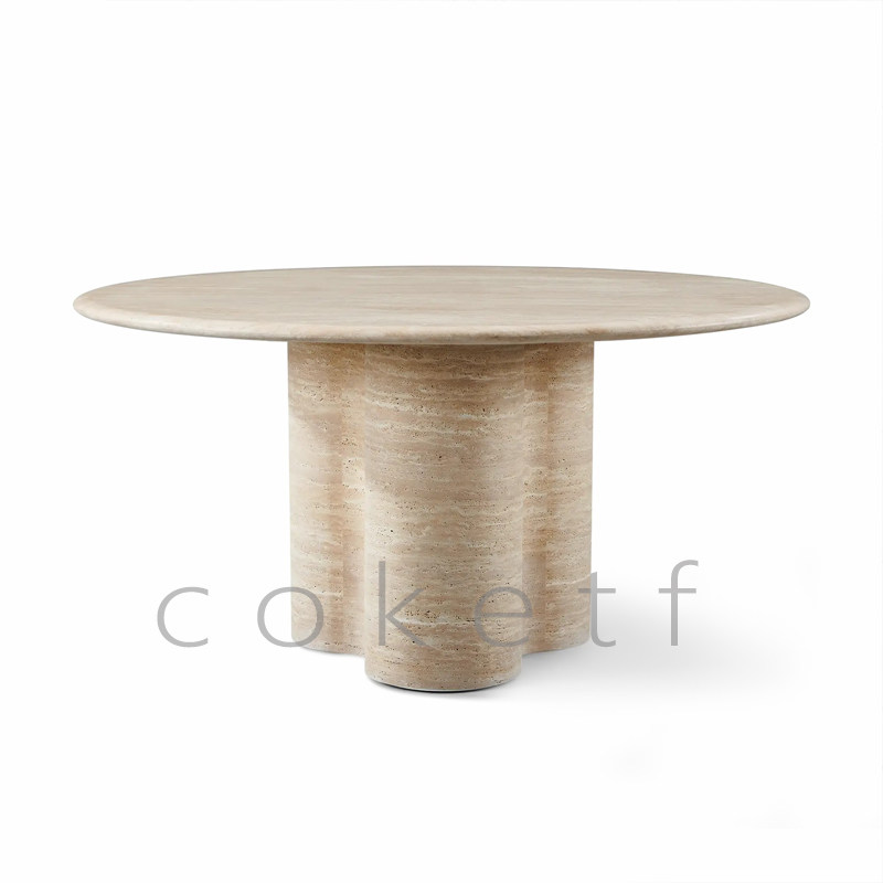 法式2025新款设计师圆形高级感天然罗马洞石大理石餐桌别墅大餐台