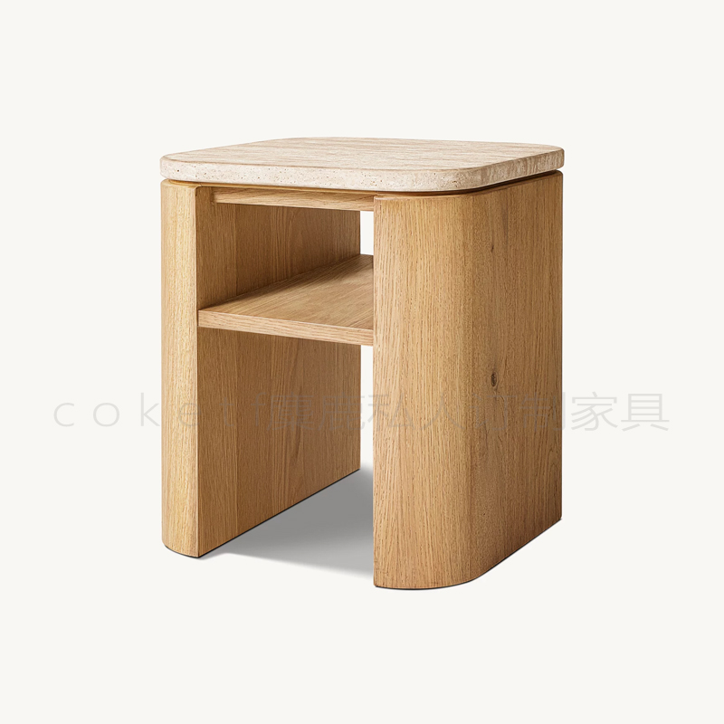 Mizu中古风天然洞石方形边桌设计师款家用客厅沙发边几实木小茶几