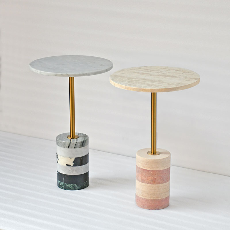 侘寂风Side table设计师中古拼接罗马洞石大理石圆形客厅沙发边几
