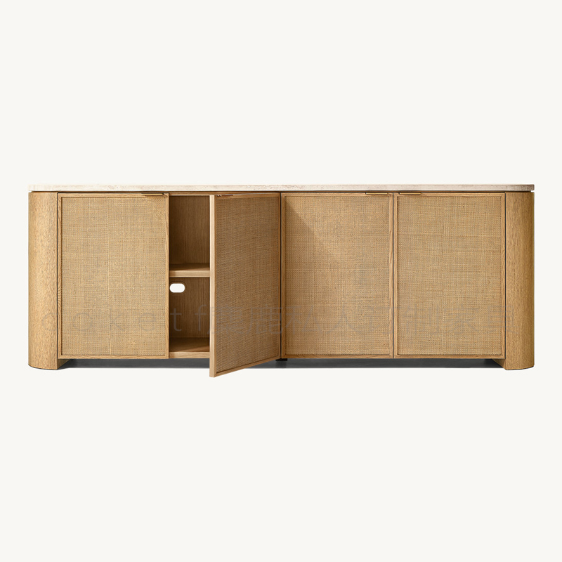 Mizu中古风天然洞石实木四门餐柜设计师款家用藤编餐边柜储物柜子