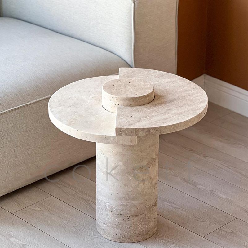 Farah法式极简侘寂风天然罗马洞石边几设计师款客厅沙发圆形边桌