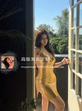 高级感biling亮片连衣裙性感荡领挂脖开叉露背裙影楼度假拍照短裙