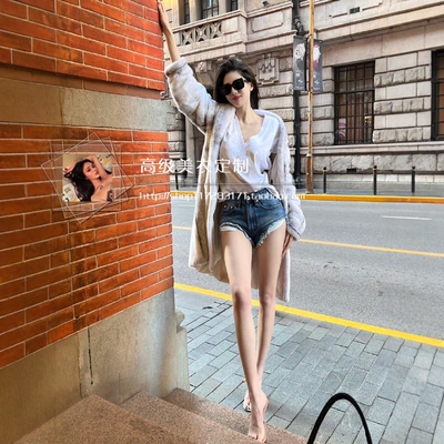 V型显腿长短裤牛仔深蓝色毛边