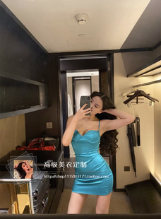 御姐气质性感超A【伊兹密尔蓝】缎面丝滑修身吊带包臀内搭连衣裙