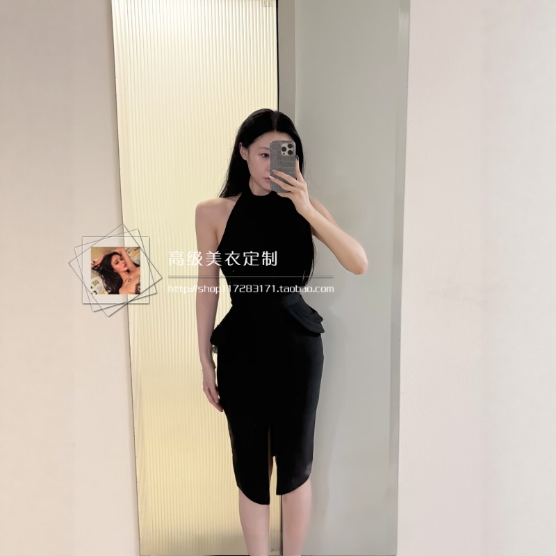 气质包臀裙绷带黑色挂脖露背收腰