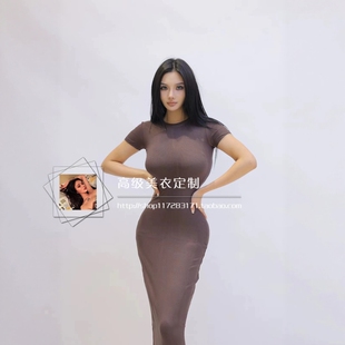 SKIMS卡戴珊欧美气质高弹螺纹圆领短袖修身包臀连衣裙夏开叉长裙