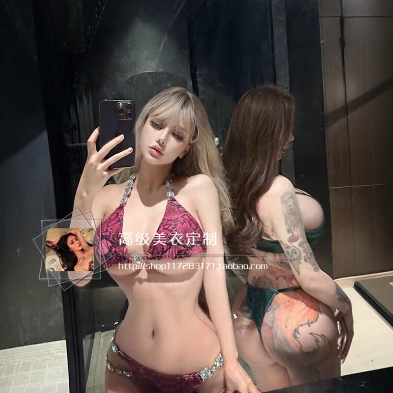 欧美性感印花水钻挂脖系带海边沙滩度三点式泳衣女分体比基尼泳装