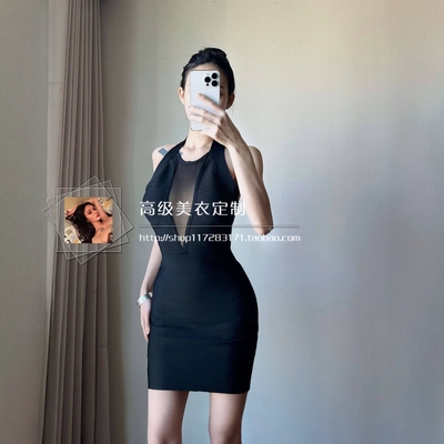 御姐包臀裙绷带黑色网纱挂脖露背